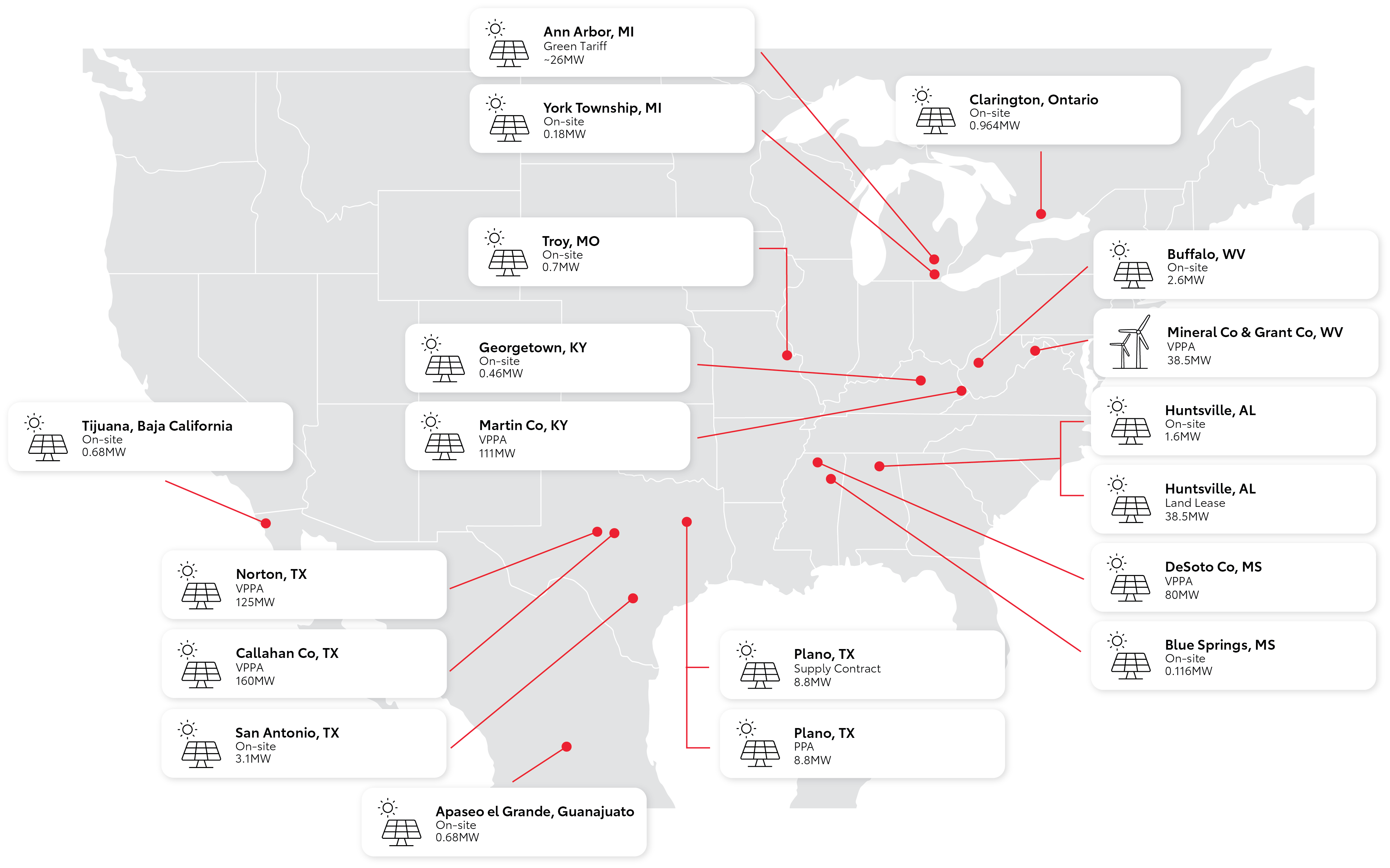 Map of the U.S. showing all Toyota locations with renewable energy projects,Map of the U.S., showing all Toyota and Lexus D.E.E.P. dealership locations